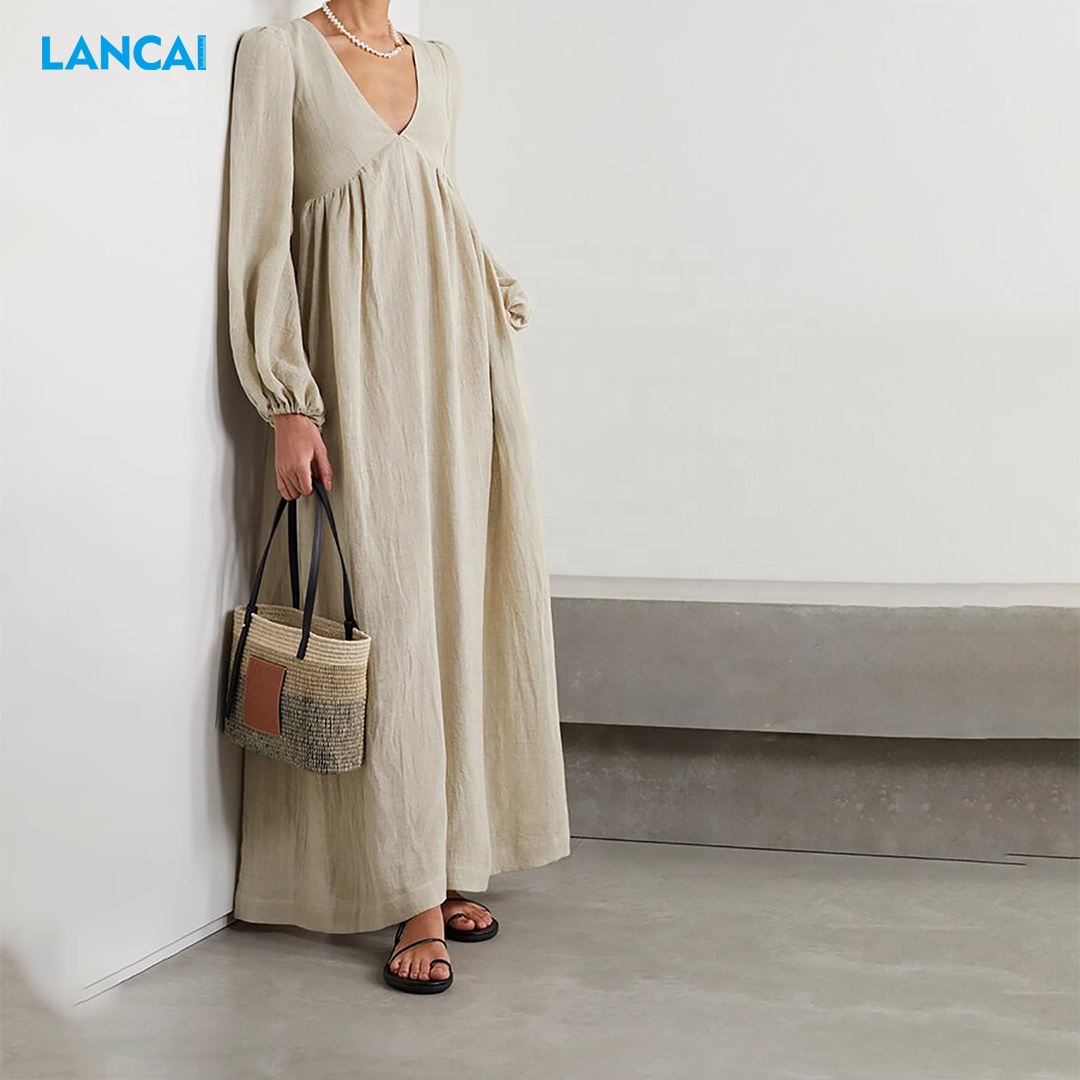 Custom High End Summer European Clothing Oem Elegant Vintage V-neck Maxi Ladies Long Sleeve Women Dress Casual 100% Linen Dress 