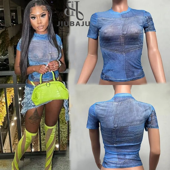 Summer O-neck Short Sleeve Fashion Design Denim Print Mesh T-shirt Women 