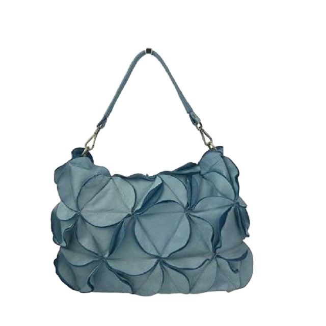 Premium Quality Italian Vegetable Tanned Blue Leather Bag Sanremo Big Dyed Garment With Petal Seam And Adjustable Shoulder Strap 