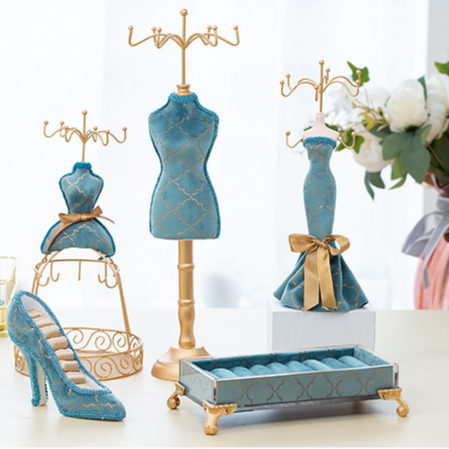 Restoring Ancient Ways Peacock Blue Home Decoration Dolls Shaped Window Velvet Jewelry Display Set Tray 