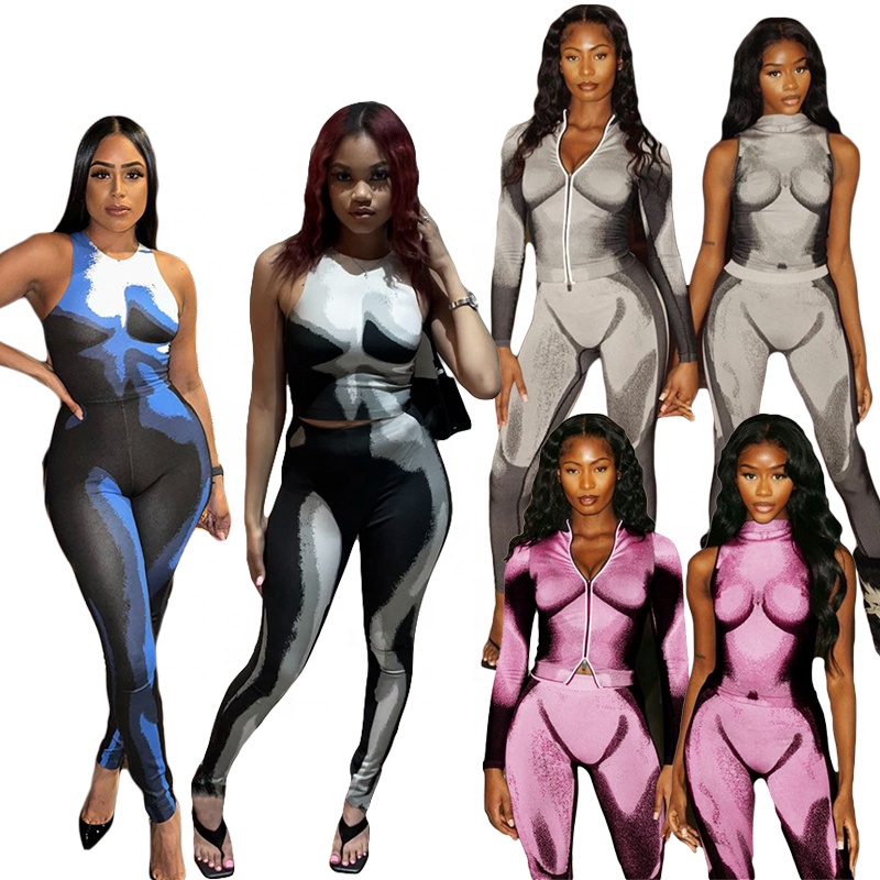 K22st591 New Model 2023 Spring Two Piece Set Fashion Printed American Clothing Bodycon Pants Sleeveless T Shirts Women's Sets 