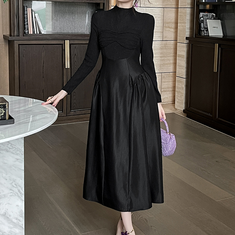 ZYHT 9946 Winter New Women's New Arrivals Fashion Clothing Puff Casual Dresses Solid Color a Line Slim Waist Maxi Black Dress