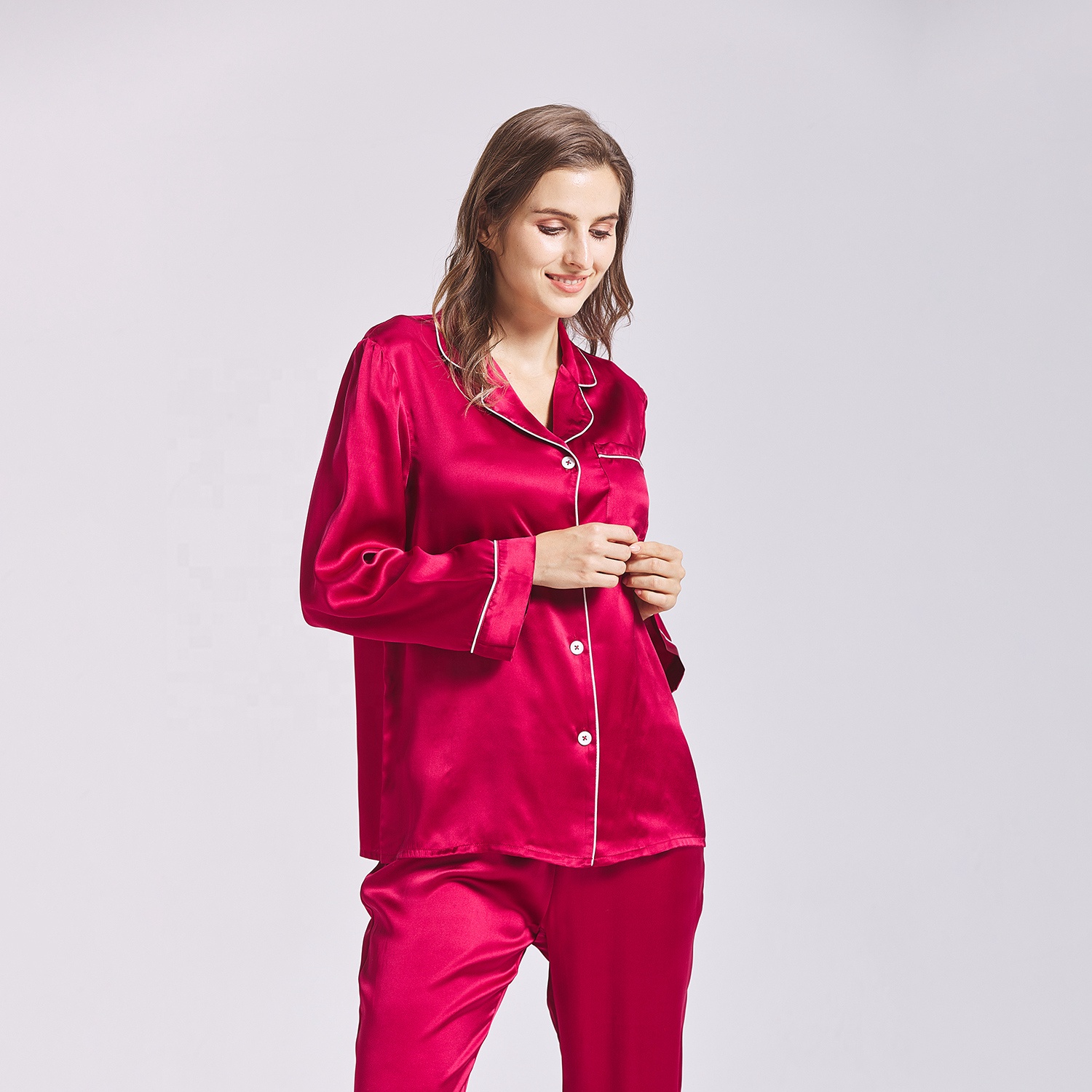 Fashion Breathable Rose Red V-neck Silk Pajamas Set 100% Silk Pajamas Long Sleeve Customized Size Silk Sleepwear 