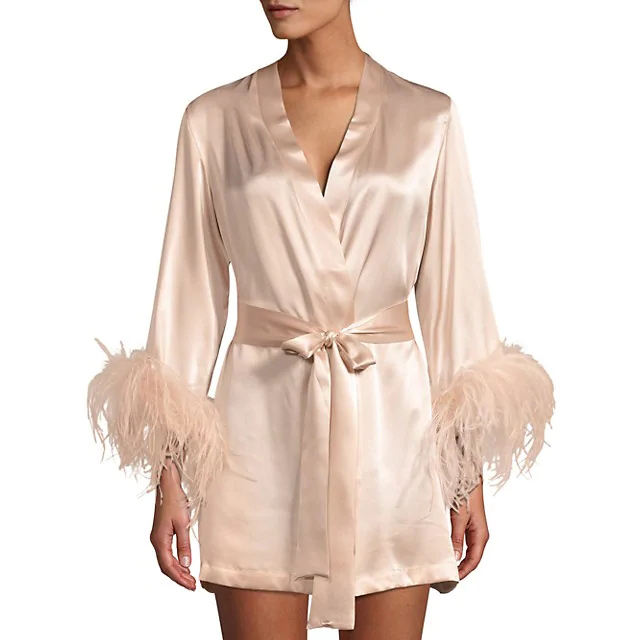 Luxury Feather Robe Ladies Pajamas Bath Lounge Wear Plus Versache Robes Femme Stretch Satin Silk Robe Women&#39;s Sleepwear 