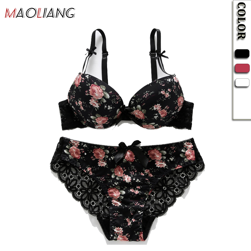 4017 Wholesale Floral Print Push Up Bra And Panties Sets Breathable Women Underwear Sets Lace Sexy Ladies Bra And Penty
