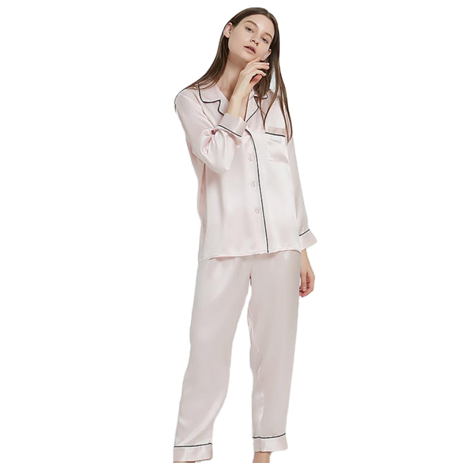 2022 New Style Women&#39;s Pure Mulberry Silk Classic Satin Pajamas Set Sleepwear Loungewear 