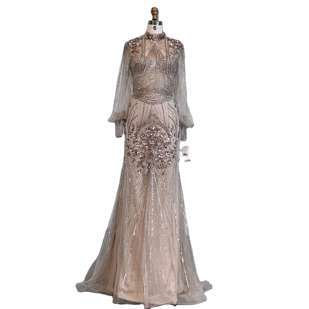 Taupe Puff Sleeves High Neck Mermaid Evening Gowns 2023 Serene Hill La71036 Luxury Beaded Formal Party Dresses For Women
