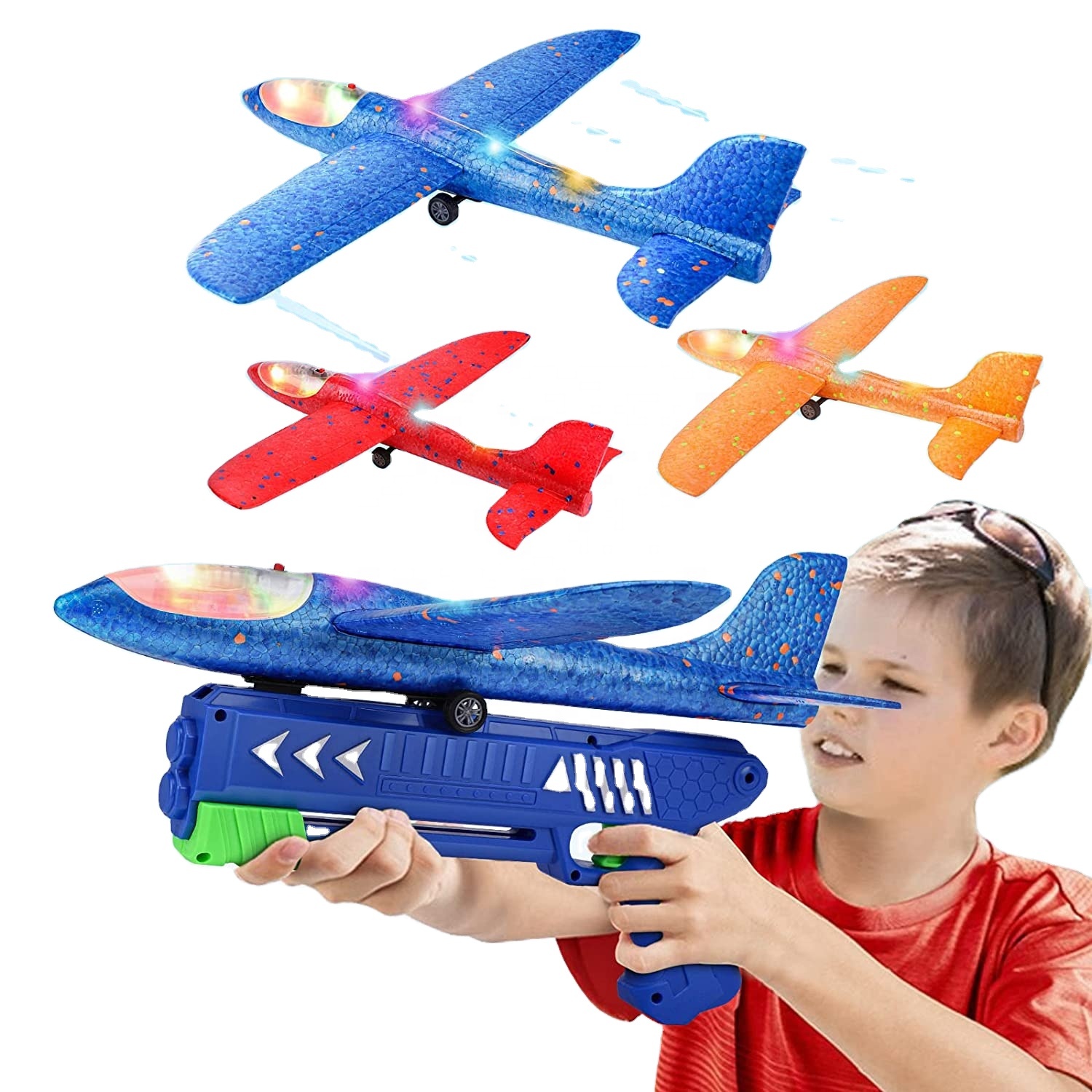 Amazon Hot Selling 3 Pack Airplane Launcher Toy Catapult Plane Toys With Led Light For Kids Outdoor Sport Flying Toys 