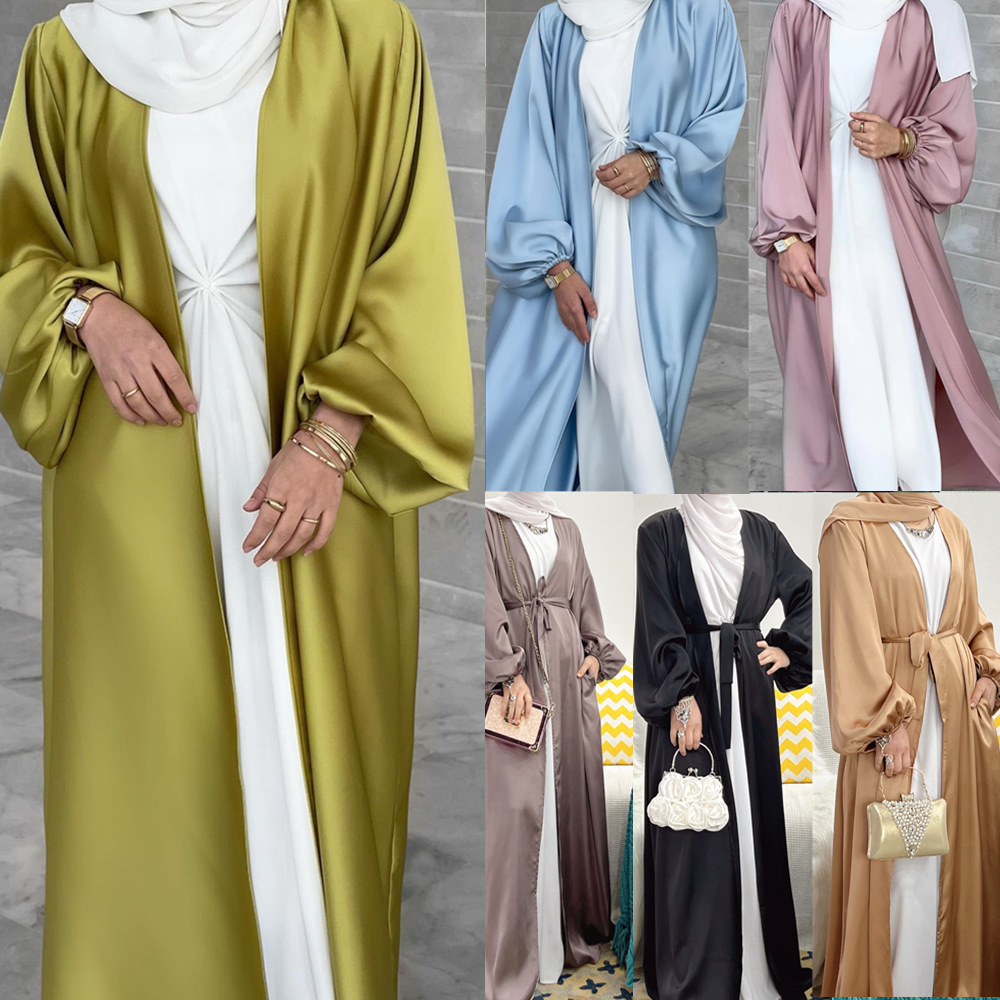 2022 Latest Design High Quality Luxury Satin Front Open Abaya Islamic Clothing Modern Women Abaya Dress For Muslim 