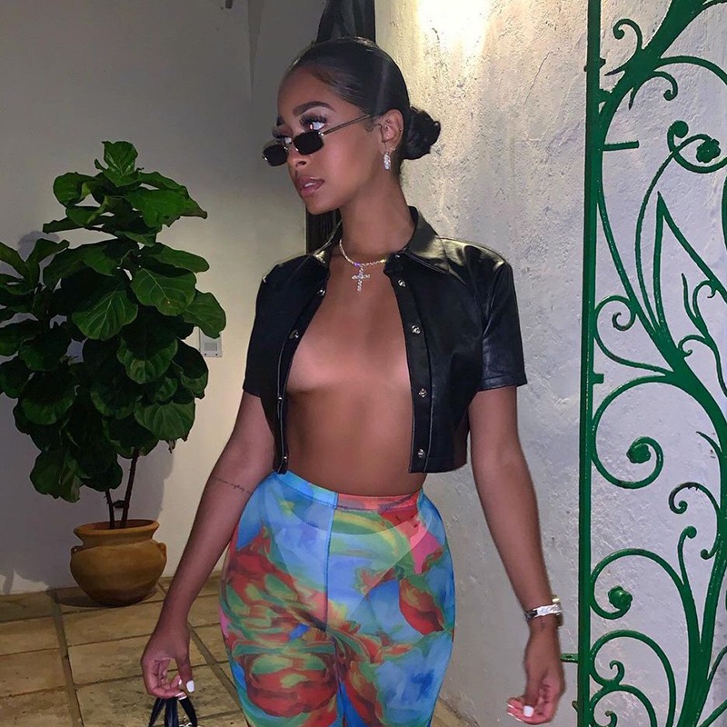 Black Pu Leather Button Up Short Sleeve Crop Top T Shirt Women Fashion 2021 Streetwear Vintage Clothes 