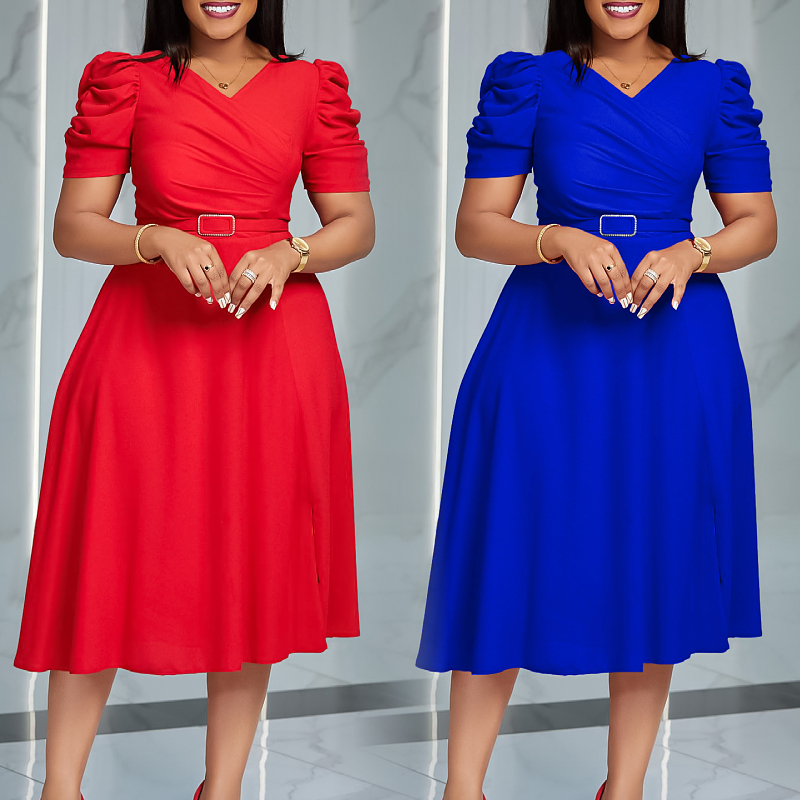 Women's Clothes Ladies New V-neck Short Sleeves Waist Temperament Lady Elegant Dresses Pleated Large Swinging Women Casual Dress