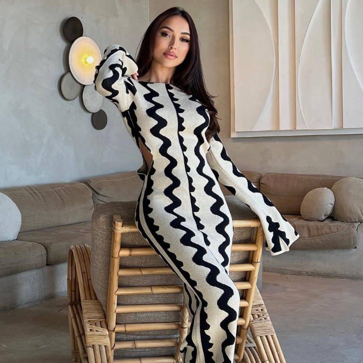 Autumn Knitted Maxi Dress Flare Long Sleeve Bodycon Dress For Women Elegant Sexy Cut Out Wave Christmas Party Evening Outfits 