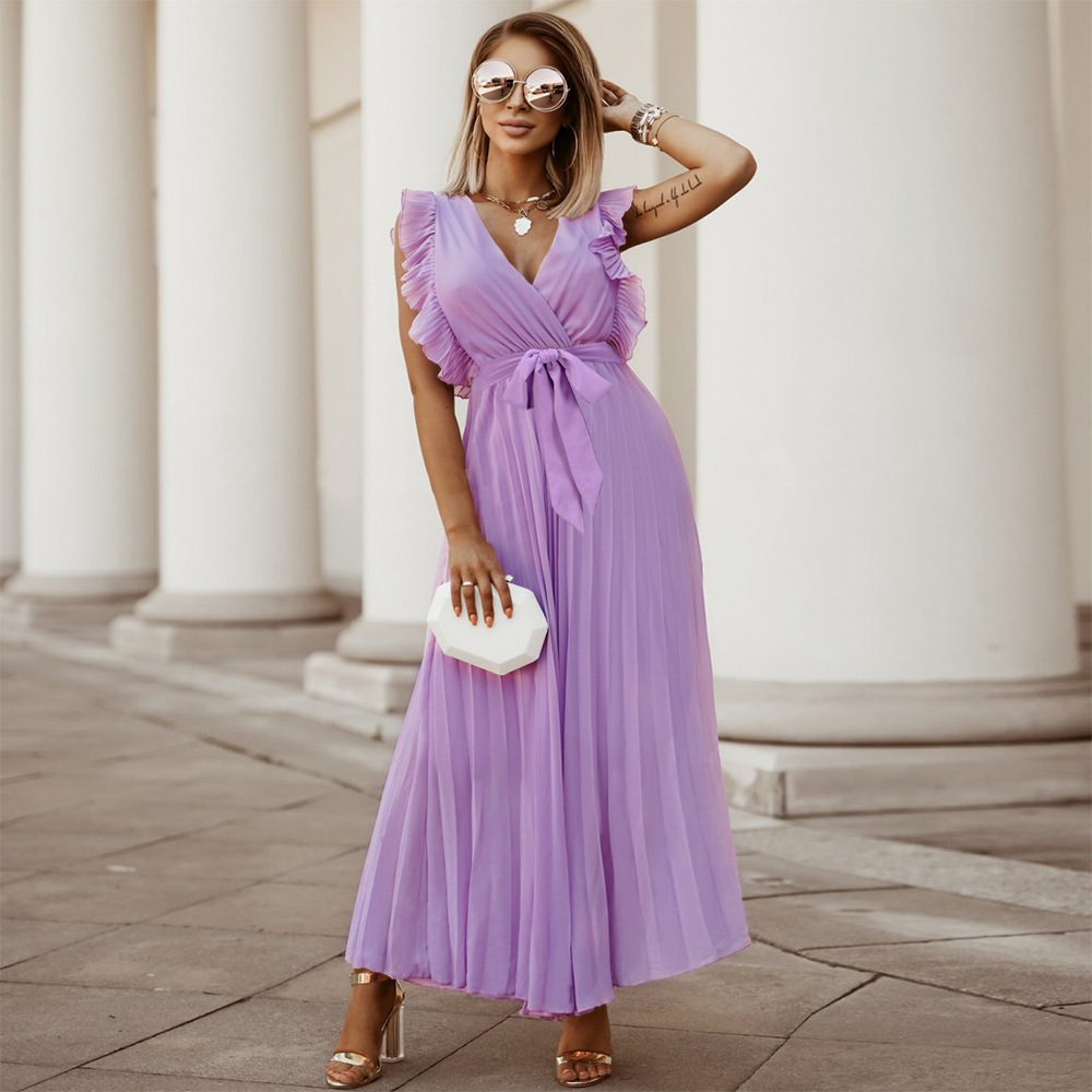 Elegant Long Dress Sleeveless Ruffles Chic Fashion Office Party Pleated Skirt Abiye Women&#39;s Clothing Dress 