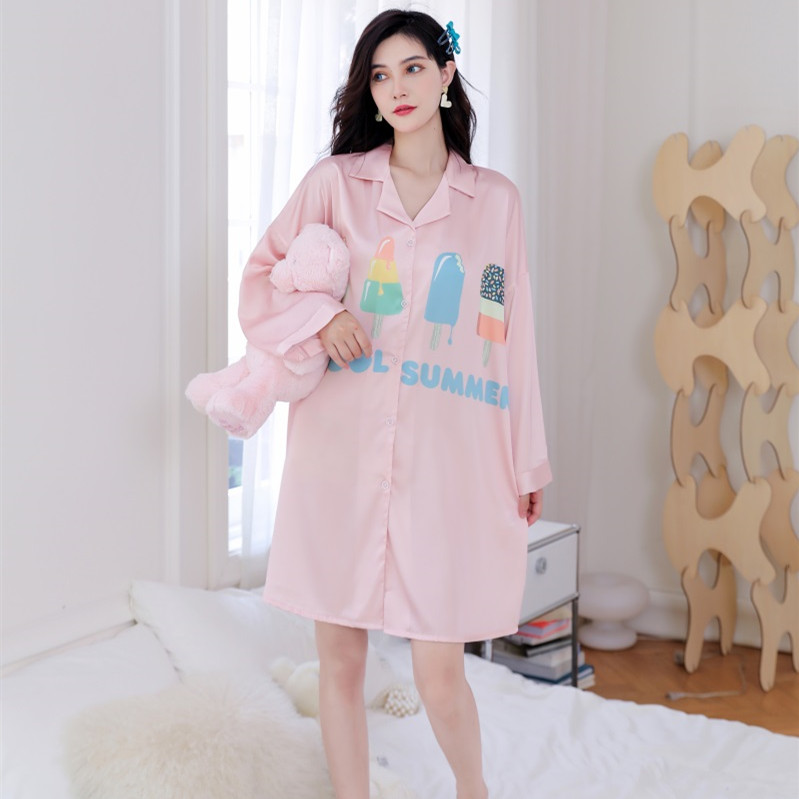 Hot Sell Satin Night Shirt Dress Sexy Long Sleeve Nightgown Ladies Lapel Casual Silk Pajamas Plus Size For Women&#39;s Sleepwear 