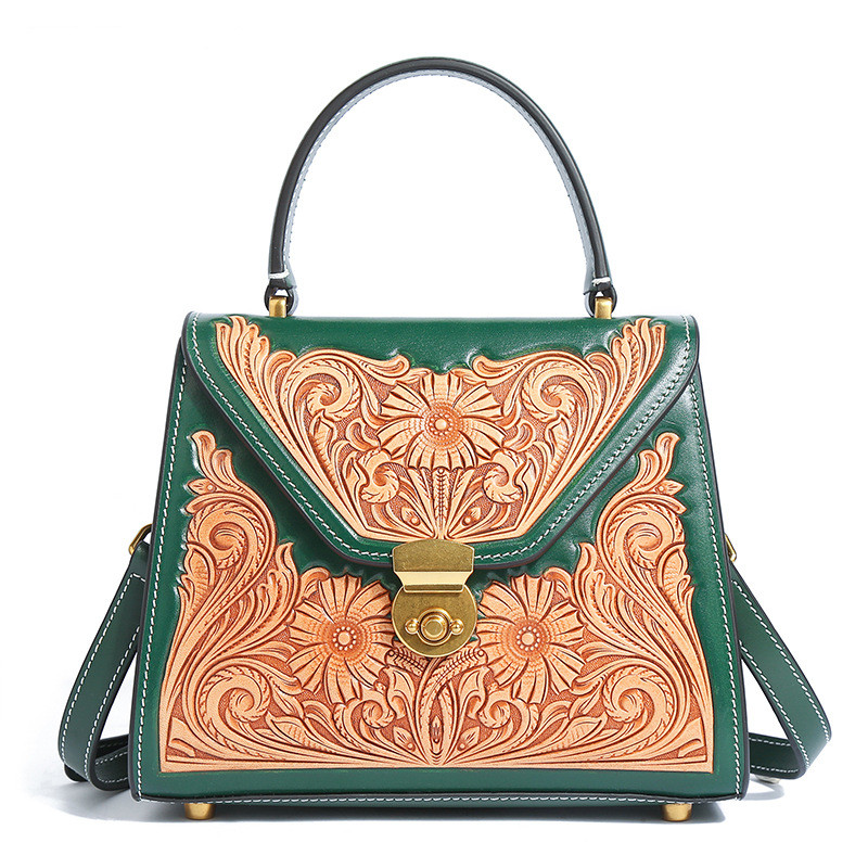 2022 New Arrive Vintage Handmade Leather Carved Bag Cross-body Handbag Genuine Leather Ethnic Style Shoulder Tote Bag 