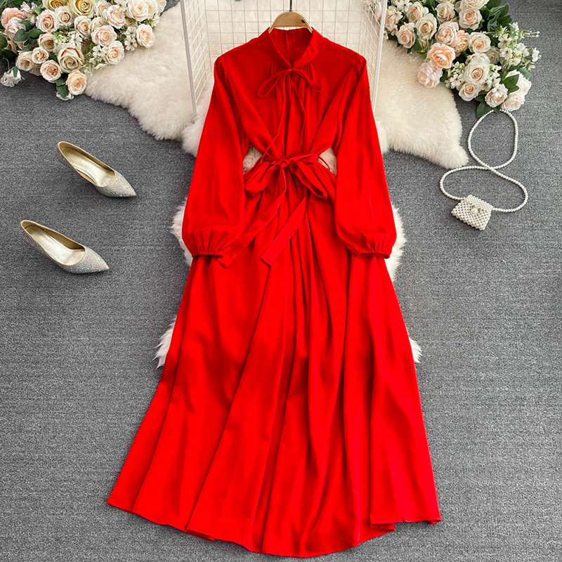 Women Maxi Dress Chiffon Elegant Puff Sleeve Sashes High Waist Long Dresses Chic Lace-up Casual French Fairy Dress Clothing Robe 