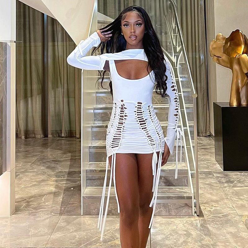 Wholesale Fashion Club Wear Autumn Long Sleeve Pretty Hollow Out Lace Up Sexy Women&#39;s Dresses 