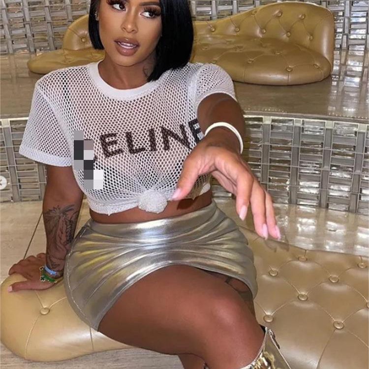 C0414 Summer Wholesale Mesh Hole Design Fashion Printing Women&#39;s Casual Short Sleeve T-shirt 