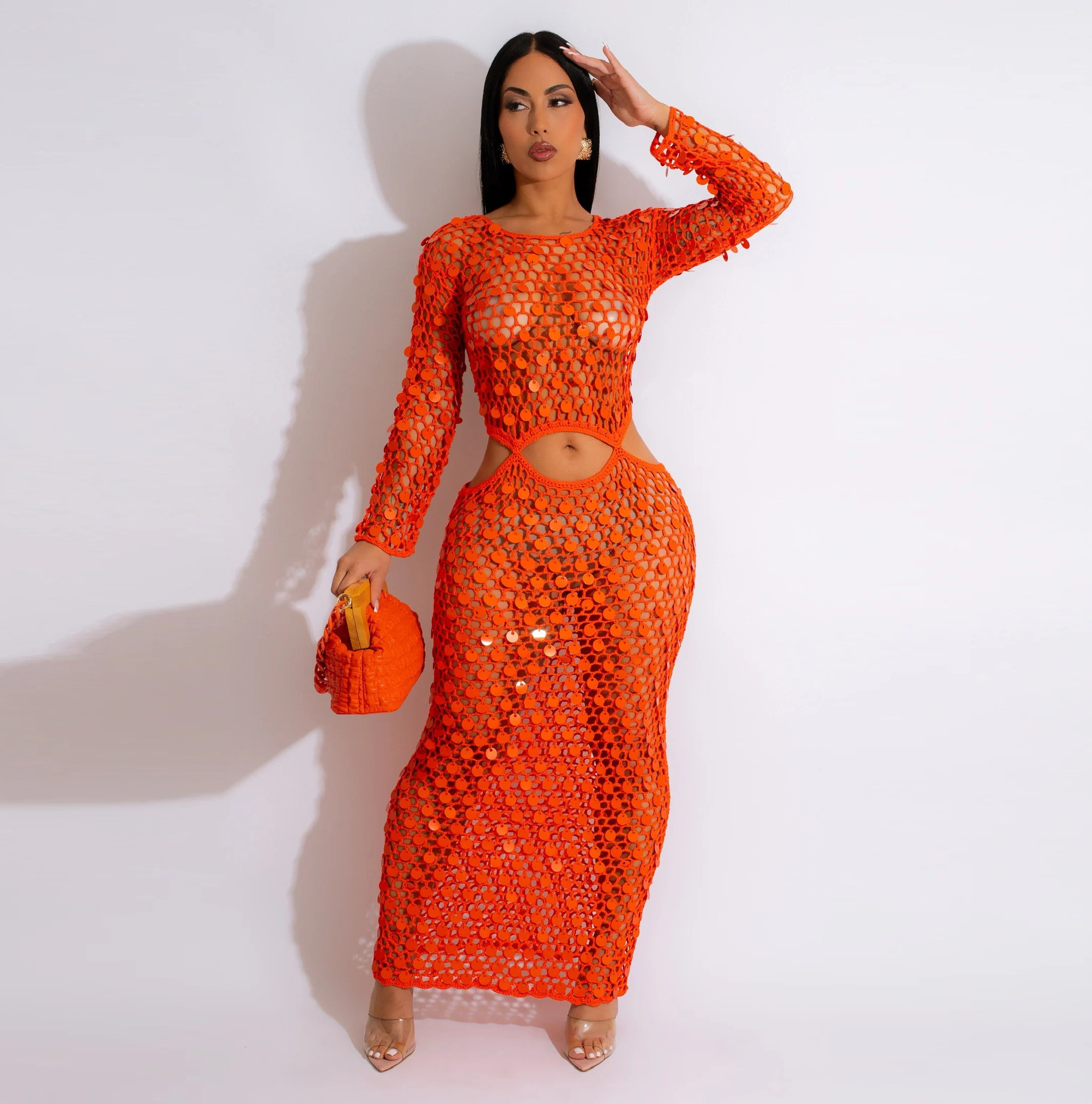 Kliou M23d28155 Elegant Sequin Long Sleeve Women Hollow Out Maxi Dress Party Evening Crocheted Maxi Dress Ladies 