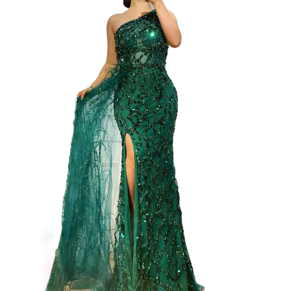 Green Beaded Feathers One Shoulder Stunning Evening Gowns Serene Hill La70829 High End Women Sexy Party Dresses With Split