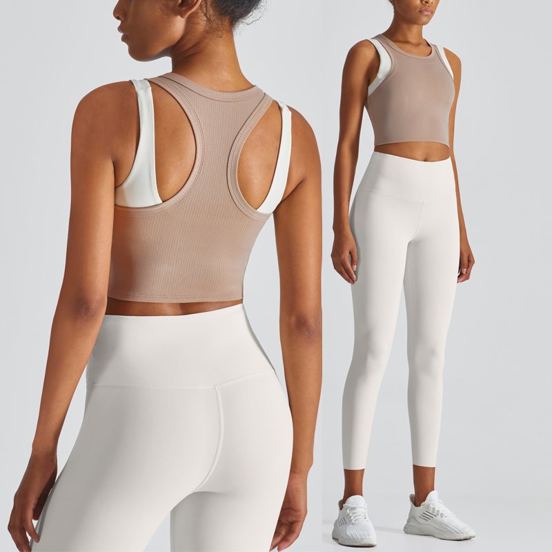 Women Sportswear Stretch-jersey Femme Workout Clothes Activewear Striped Pleated Tight Sleeveless Legging Set Gym Set Women 