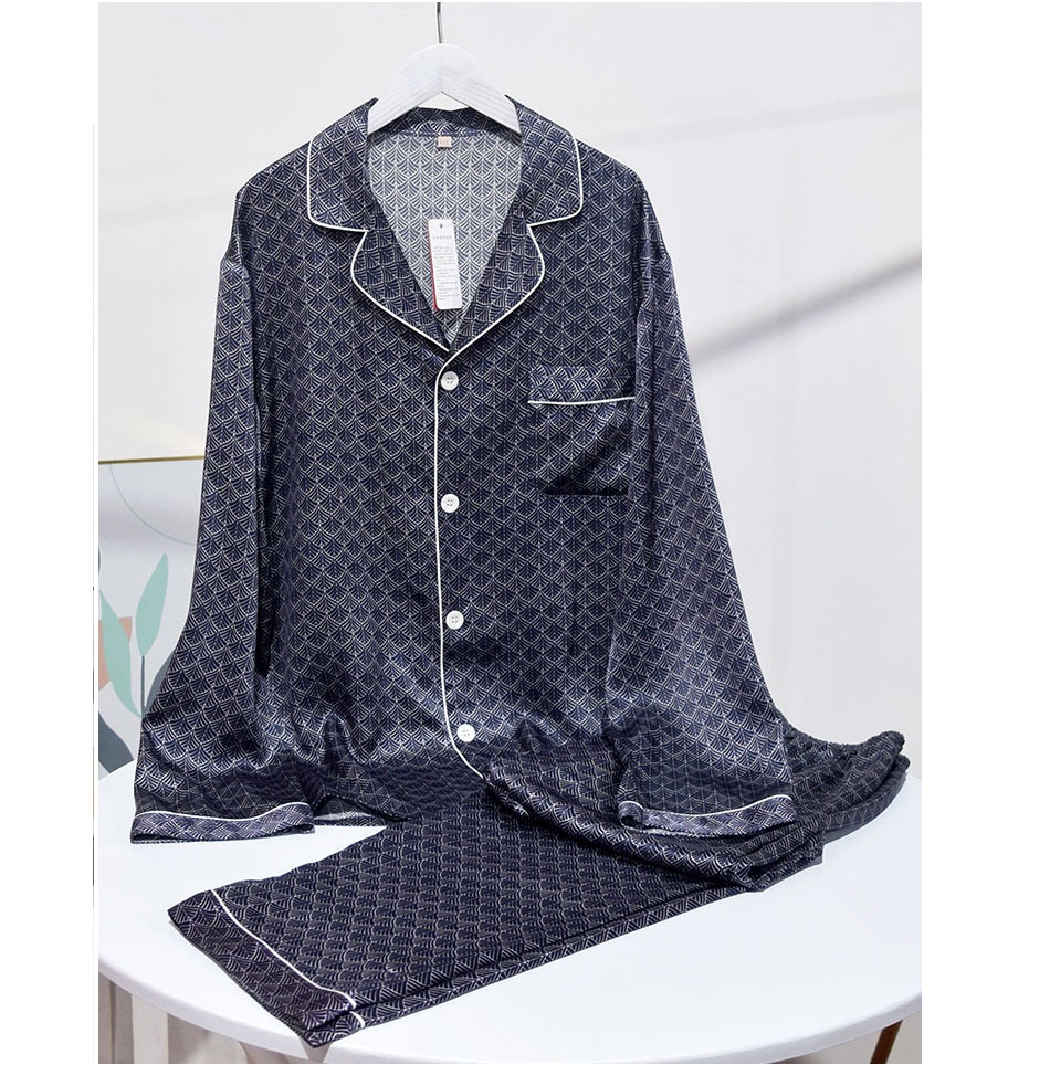 Long Sleeve Digital Printing Pure Comfortable Sleepwear Mens 100% Silk Pijama Set 