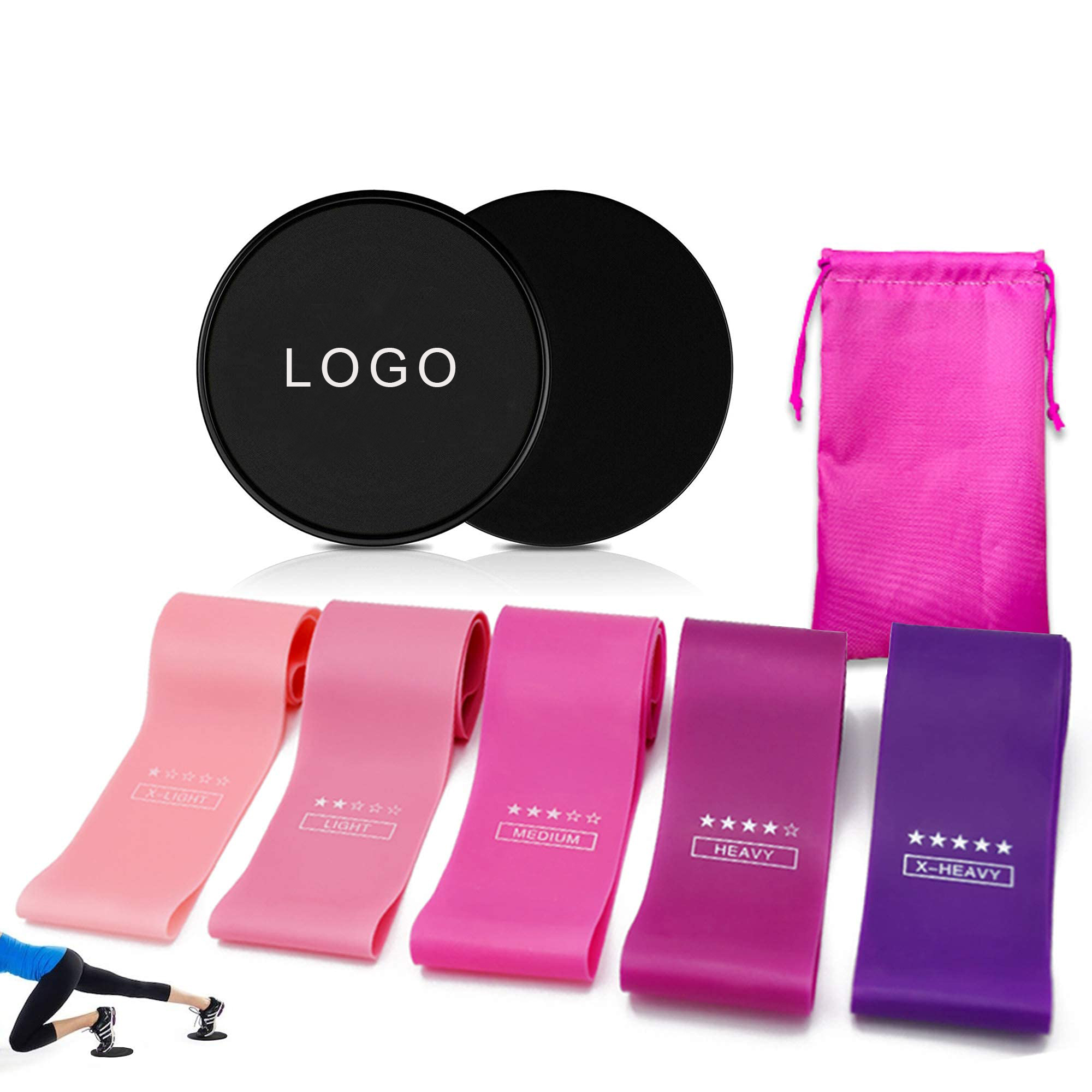 Sports Exercise 5 Pcs Pink Latex Resistance Bands And Core Sliders Set 