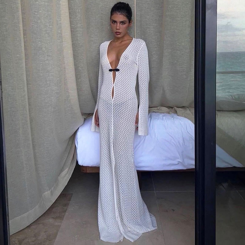 2022 Summer Cut Out Sexy Maxi Dress White Knit Club Party Casual Vacation Beach Women Long Dresses 