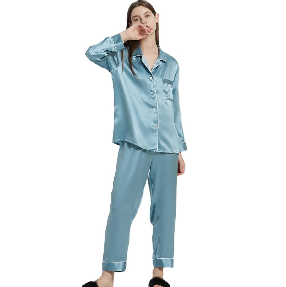 Wholesale Long Sleeved Women's Pajamas Luxury 100% Silk Pajamas Set 