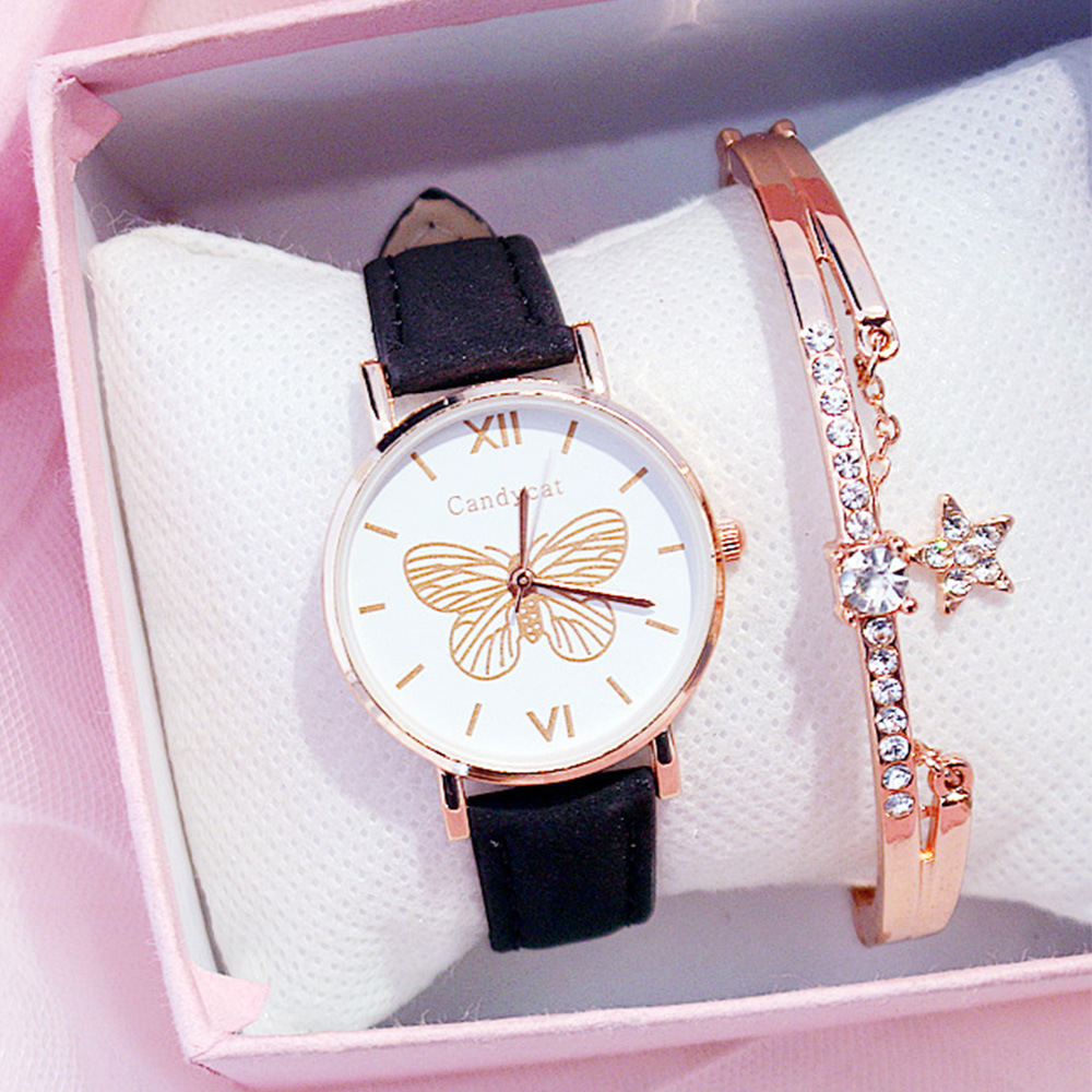 Fashion Jewelry Women's Set Versatile Butterfly Dial Belt Quartz Watch Women's Watch Star Bracelet