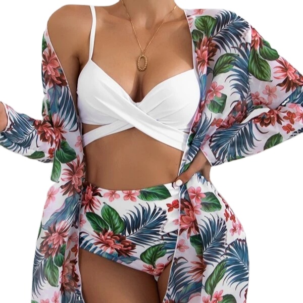 Rts In-stock Women Hot Selling Floral Print Bandage Swimwear Bikini With Mesh Cover Up Dress Yellow 3 Piece Womens Swimsuits 