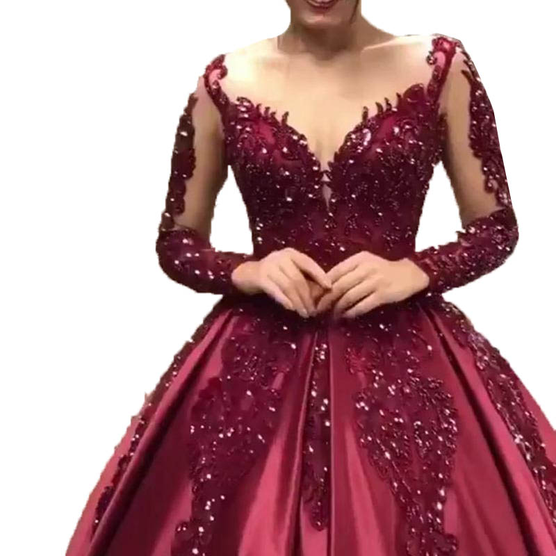 Elegant V Neck Long Sleeve Grohada-sparkle Wedding Party Women Dresses For Engagement Party Dress 