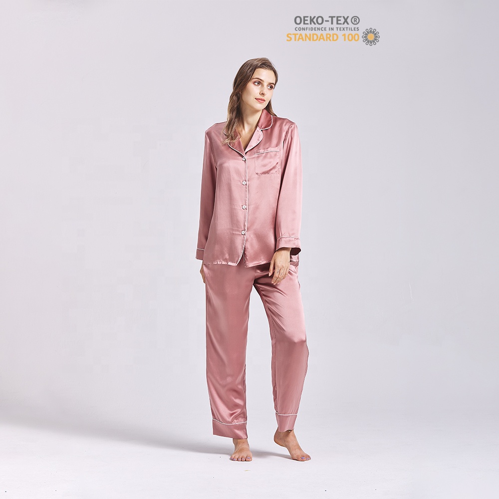Oem&amp;odm Fashion 22 Momme 100% Silk Pajamas Dark Pink Silk Pyjamas Women V-neck Long Sleeves Organic Silk Sleepwear 