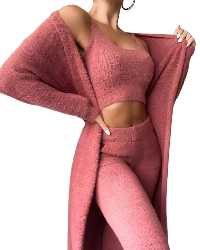 Fall Women Pant Sets Cozy Sweater Women Lounge Wear Fuzzy Soft Knit Ribbed Sleepwear With Robe 3 Pieces Set Winter Pajama Sets 