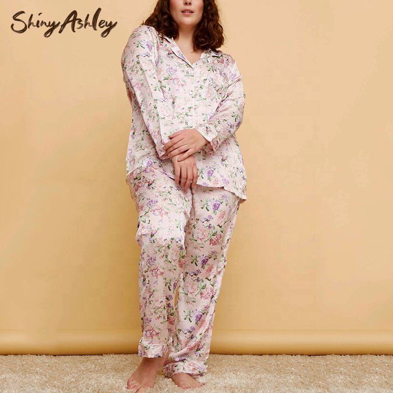 Oem Custom Allover Print Blouse &amp; Pants Mulberries Silk Plus Size Pj Set Satin Pajamas Women&#39;s Sleepwear 