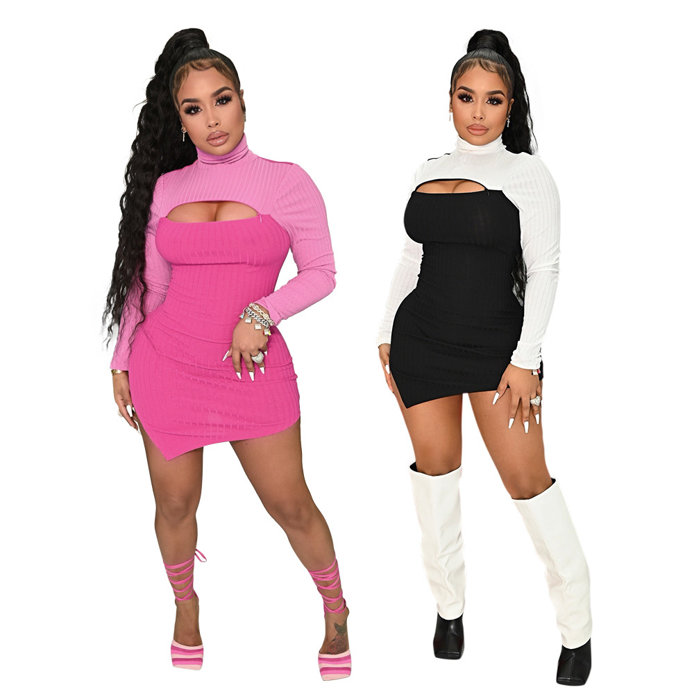 2023 New Fashion Women&#39;s Clothing Casual Color Blocking Long Sleeve Irregular Buttock Dress Two-piece Sexy Suit For Women 