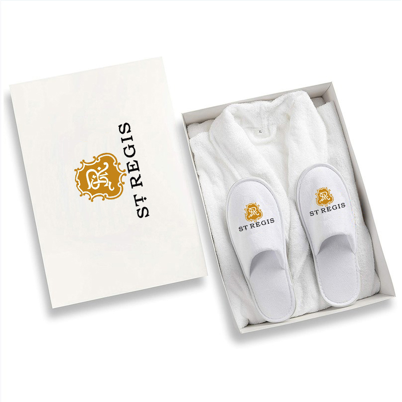 Embroidery Logo 100% Cotton Terry Cloth Bath Robe Shawl Collar Hotel Spa Bathrobe And Slipper Set In Gift Box 