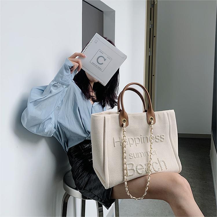 Popular Beige Embroidery Chain Large Capacity Mommy Bag Canvas Tote Bags Single Women Handbag Shoulder Bag For Lady Female 
