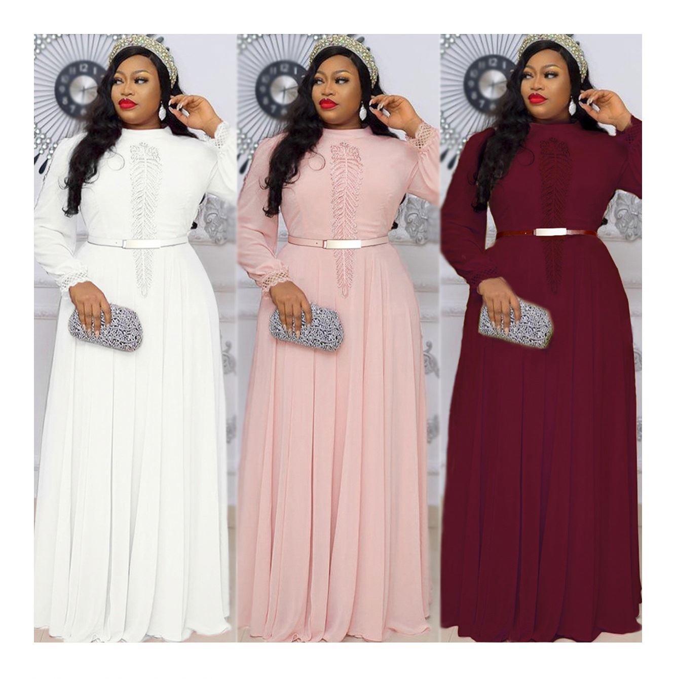 Samcci New Plus Size Women Clothing African Chiffon Long Sleeve Large Swing Dress With Belt Embroidery Knee Length Dress 