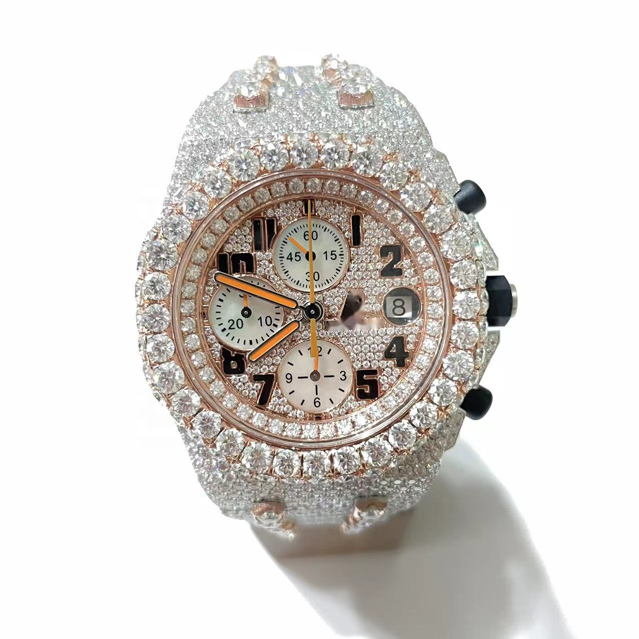 Hip Hop Silver With Orange Watch Men Diamond Men Watches Top Brand Luxury Iced Out Male Quartz Watch Big Dial Gift For Men 