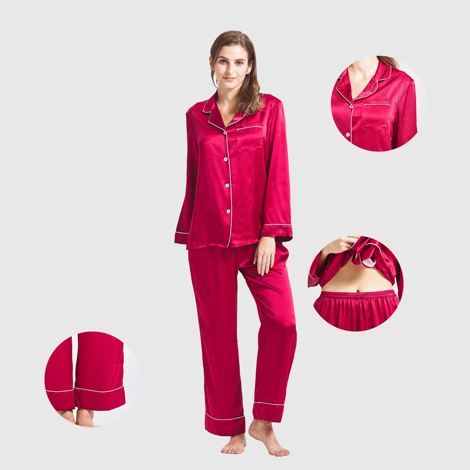 Comfortable V-neck Rose Red Silk Pajamas Women 22 Momme Organic Silk Pajama Set 100% Women Silk Sleepwear 