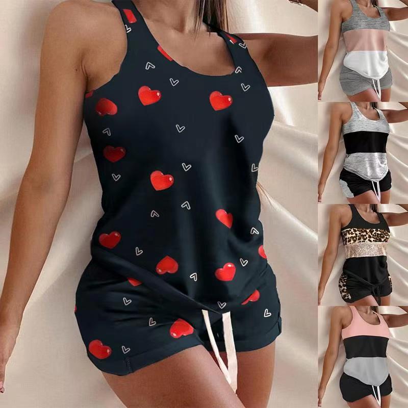 2022 Sleeveless Shorts Leopard Heart Lingerie Plus Size Color Block Pajamas Women&#39;s Sleepwear Lounge Wear Nightdress 2 Piece Set 