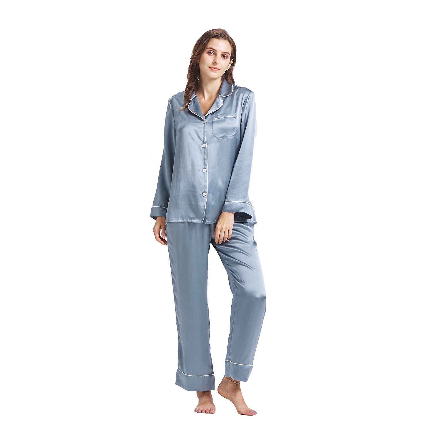 Custom 16/19/22 Momme 100% Silk Pajamas Long Sleeves V-neck Silk Pyjamas Women Misty Blue Organic Silk Sleepwear Set 