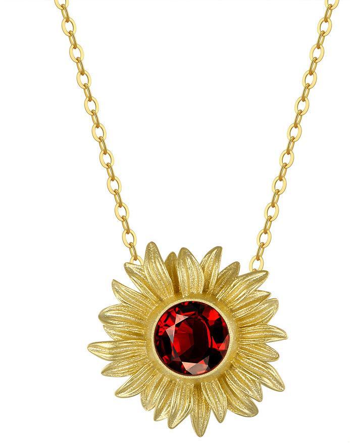 Geometric Jewelry S925 Sterling Silver 14k Sunflower Set Natural Garnet Necklace