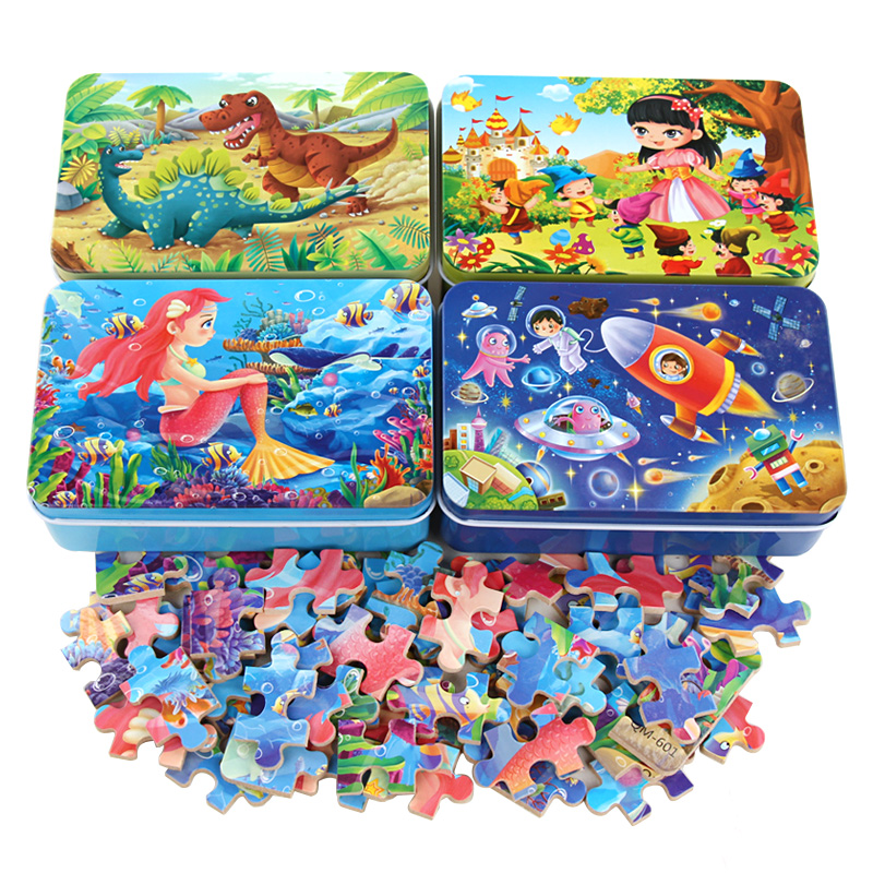 High Quality 60 Pieces Tin Box Wooden Kids Puzzle Animal Dinosaur Mermaid Jigsaw Puzzle Wooden Toys Early Educational Toy 