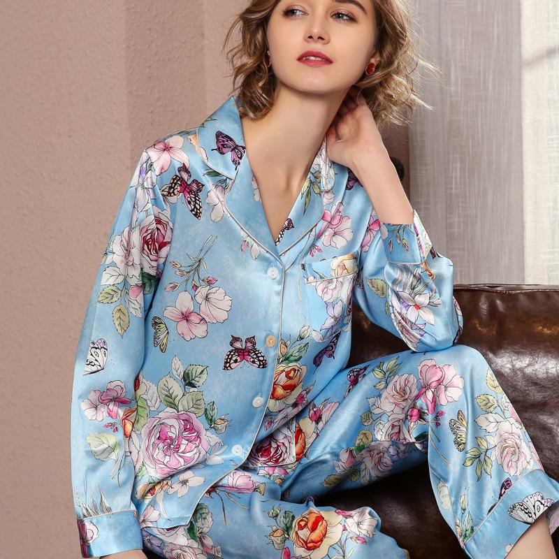 100%pure Silk Ladies Long-sleeve Cardigan Pajamas Comfortable Home Wear 2 Pieces Women&#39;s Suits 