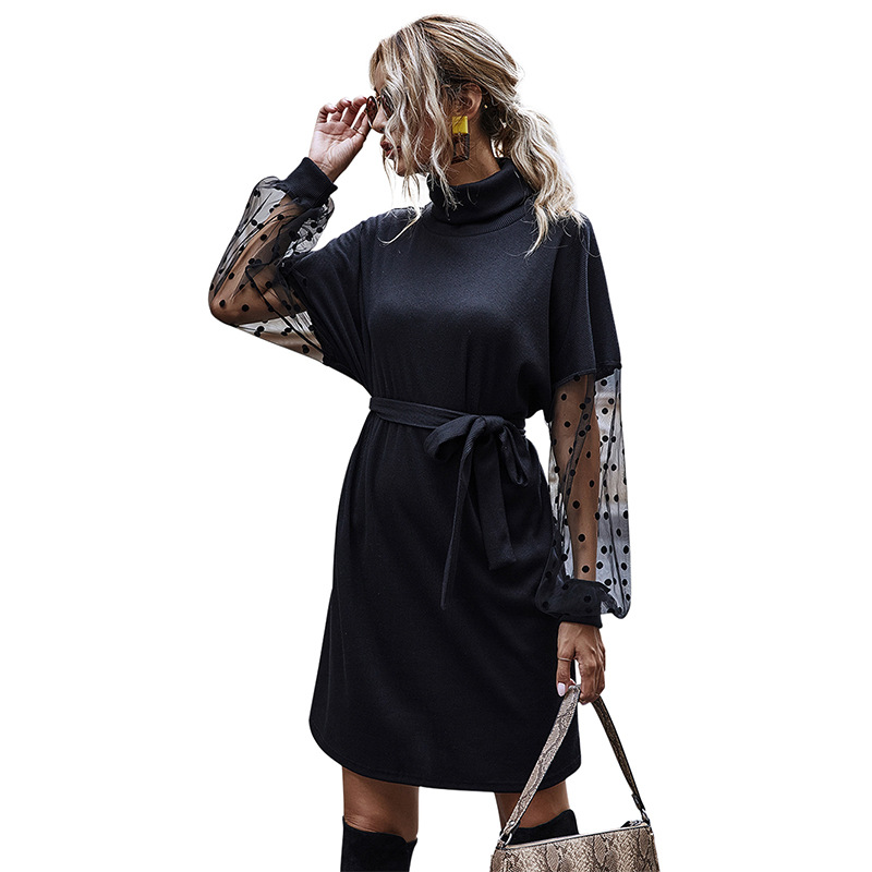 2021 Autumn Women Clothing Office Dress Solid Mid-length Skirt Women&#39;s Polka Dot Mesh Long Sleeve Casual Dress 