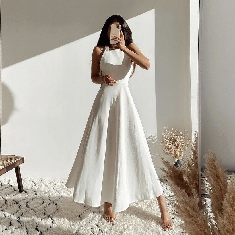 2022 Summer High Waist Boho White Dress Women Elegant Sleeveless A-line Spandex Modal Cotton White Beach Casual Dress 