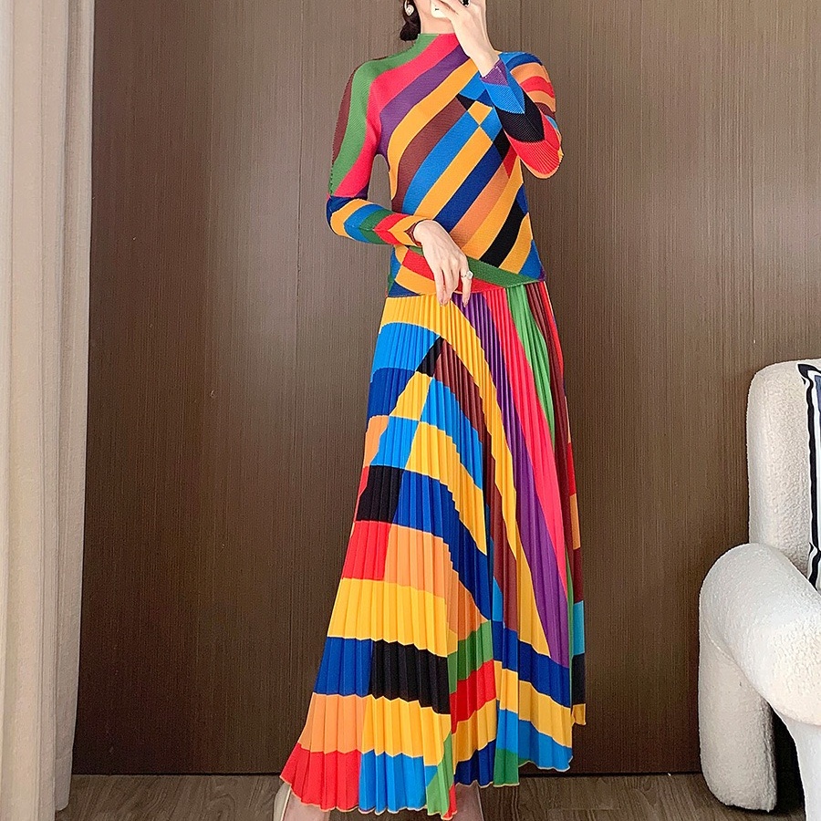 Pleated Miyake Two-Piece Suit Women Office Clothing 2 Pieces Set Long Sleeves Corn Fold Loose Women'S Casual Suit Dress