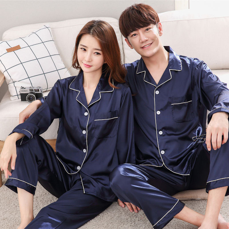 Dropshipping Couple Sleepwear Women&#39;s Classic Satin Pajama Men&#39;s Long Sleeve With Pants Sleepwear Loungewear Pajama Set 
